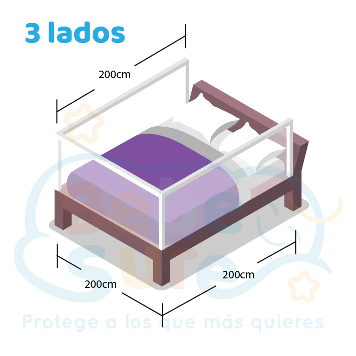 Set 3 barandas Gris Para cama Súper King 200x200x200 cm + soporte cabecera Altura colchón hasta 27 cm - Imagen 4