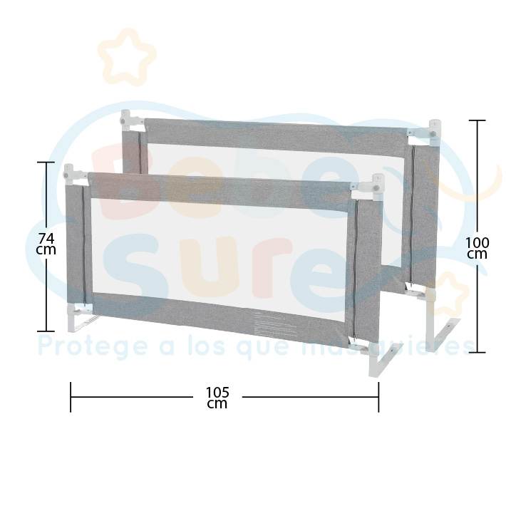 Set 2 barandas Gris 105x190 cm Altura colchón hasta 27 cm - Imagen 5