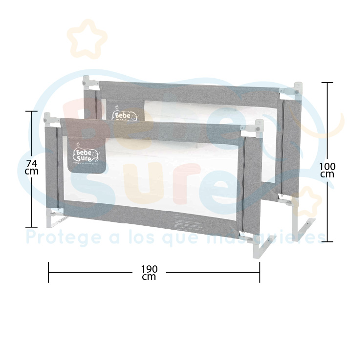 Set 2 barandas Gris 190 cm laterales Altura colchón hasta 27 cm - Imagen 3