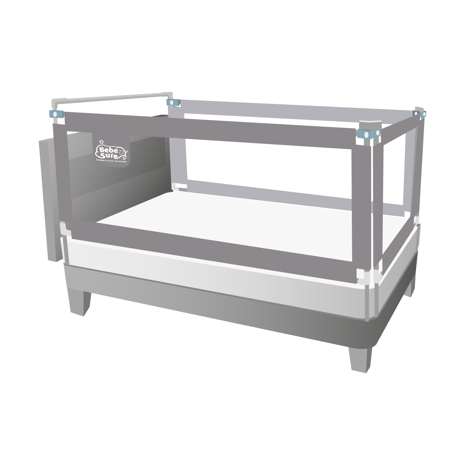 Set 3 Barandas de Seguridad Gris para Cama 1 Plaza y Media 100×200x 200 + soporte cabacera cm para Colchón hasta 27 cm - Imagen 3