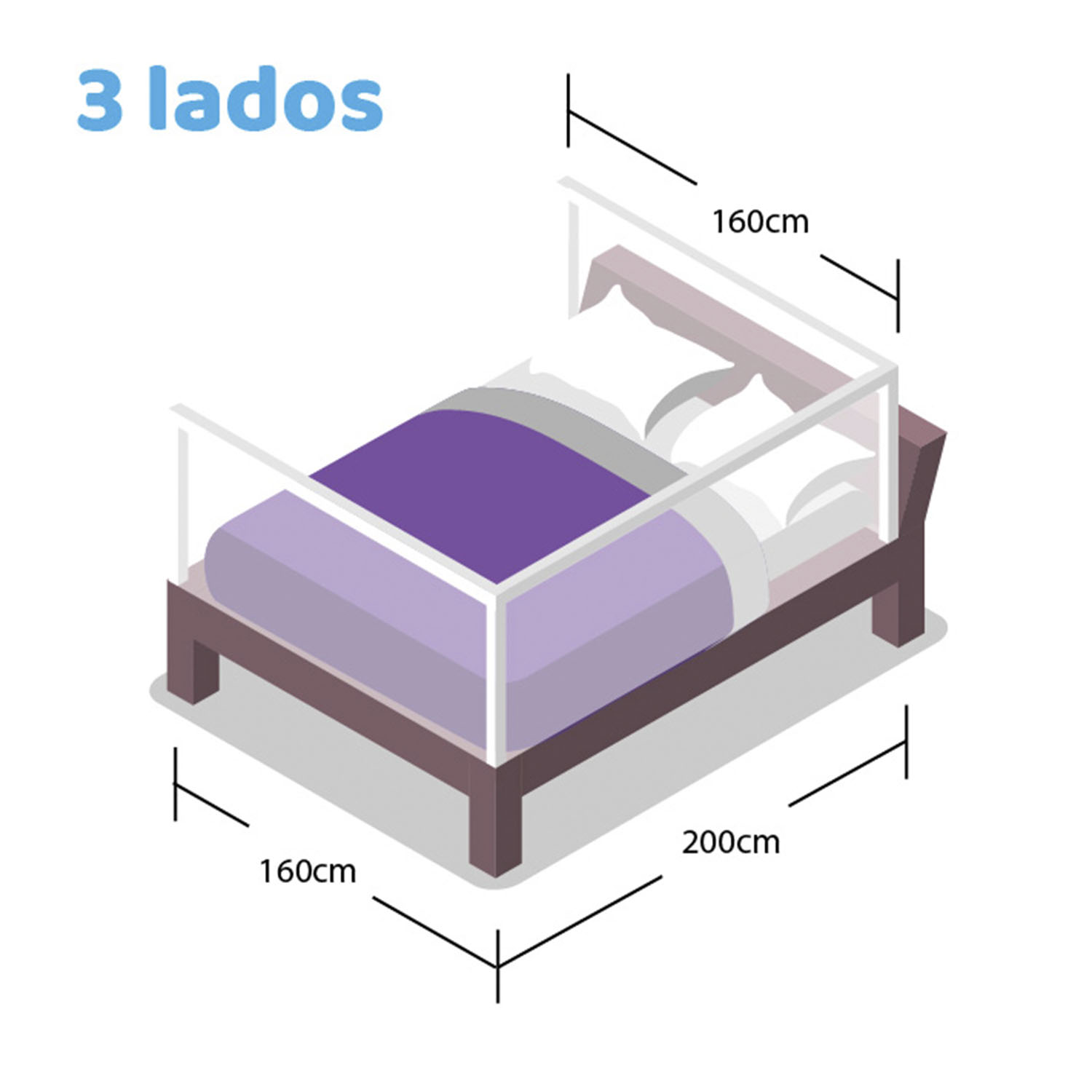 Set 3 baranda Gris para cama Queen 160x200x160 cm + soporte lateral 200 cm Altura colchón hasta 27 cm - Imagen 7