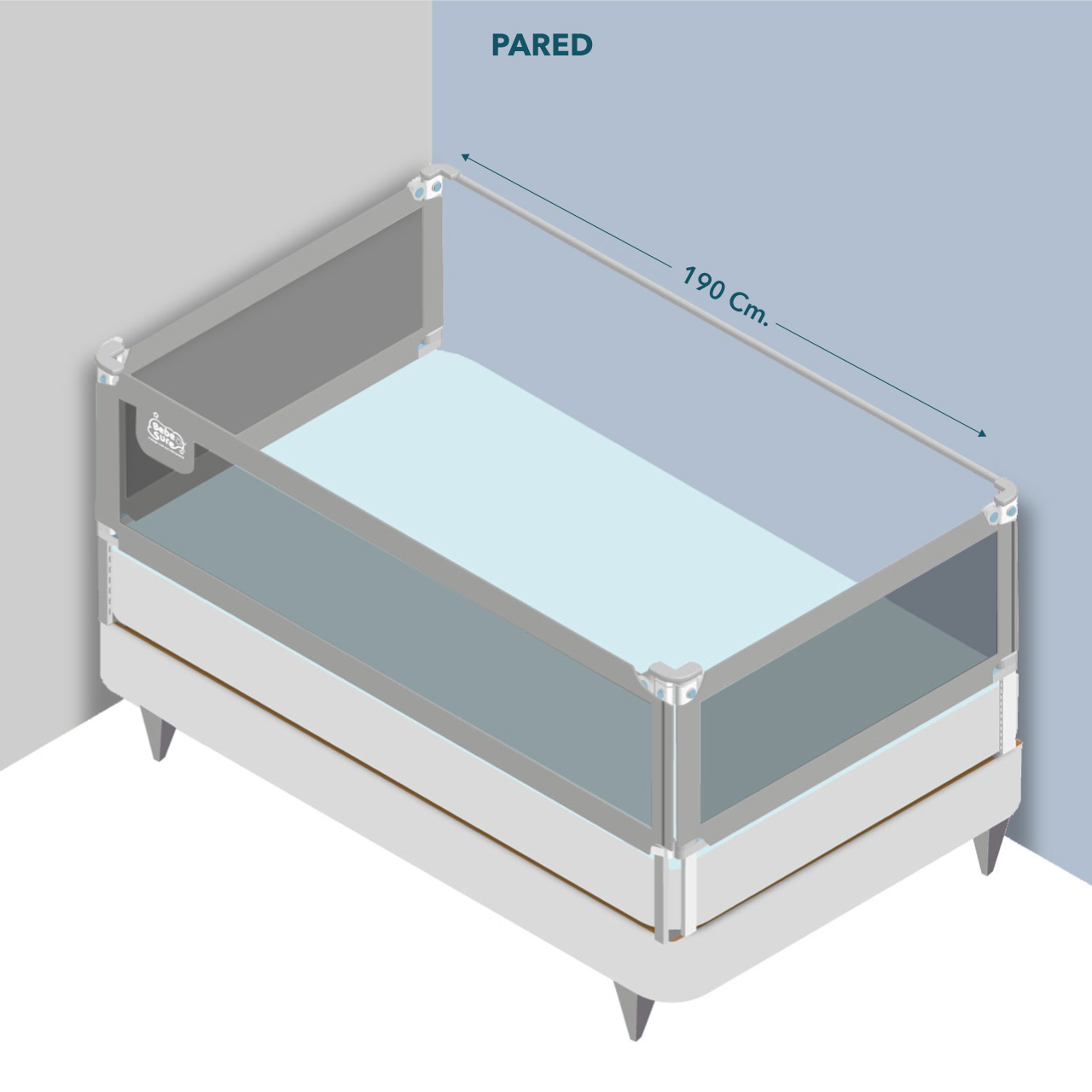 Set 3 barandas Gris para cama 2 plazas 150x190x150 cm + soporte lateral 190cm Altura colchón hasta 27 cm - Imagen 2