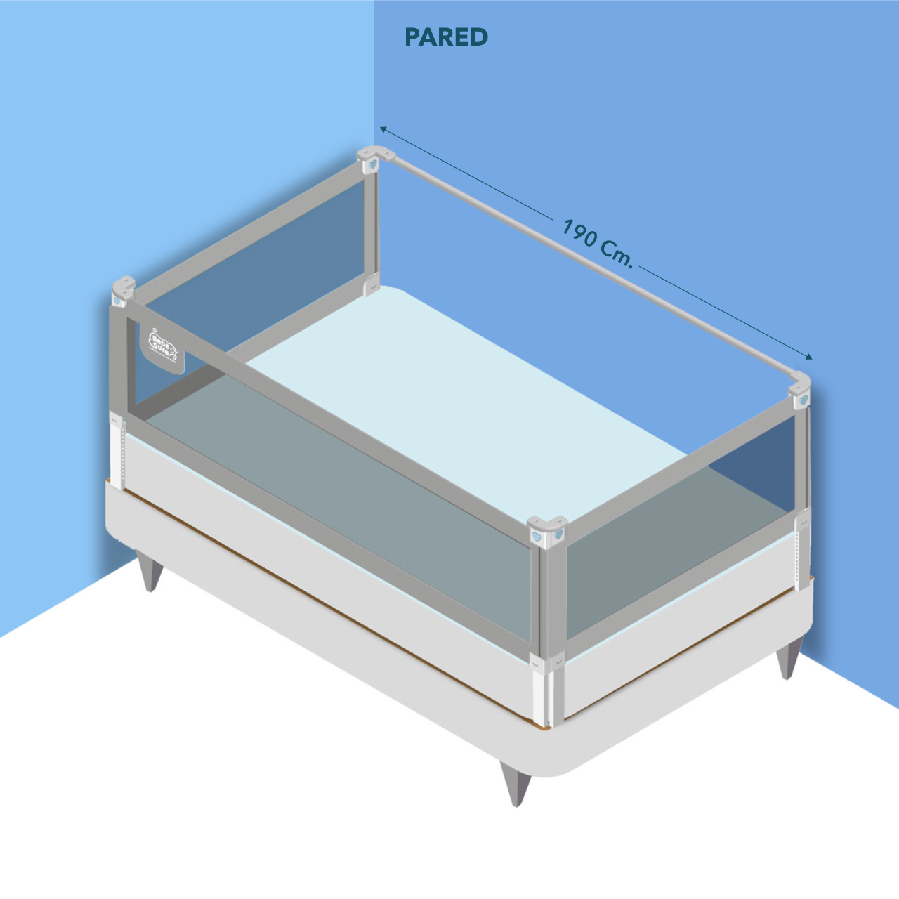 Set 3 barandas de seguridad Gris para cama 2 Plazas 150x190x150 cm + soporte lateral 190 cm Altura colchón hasta 38 cm - Imagen 2