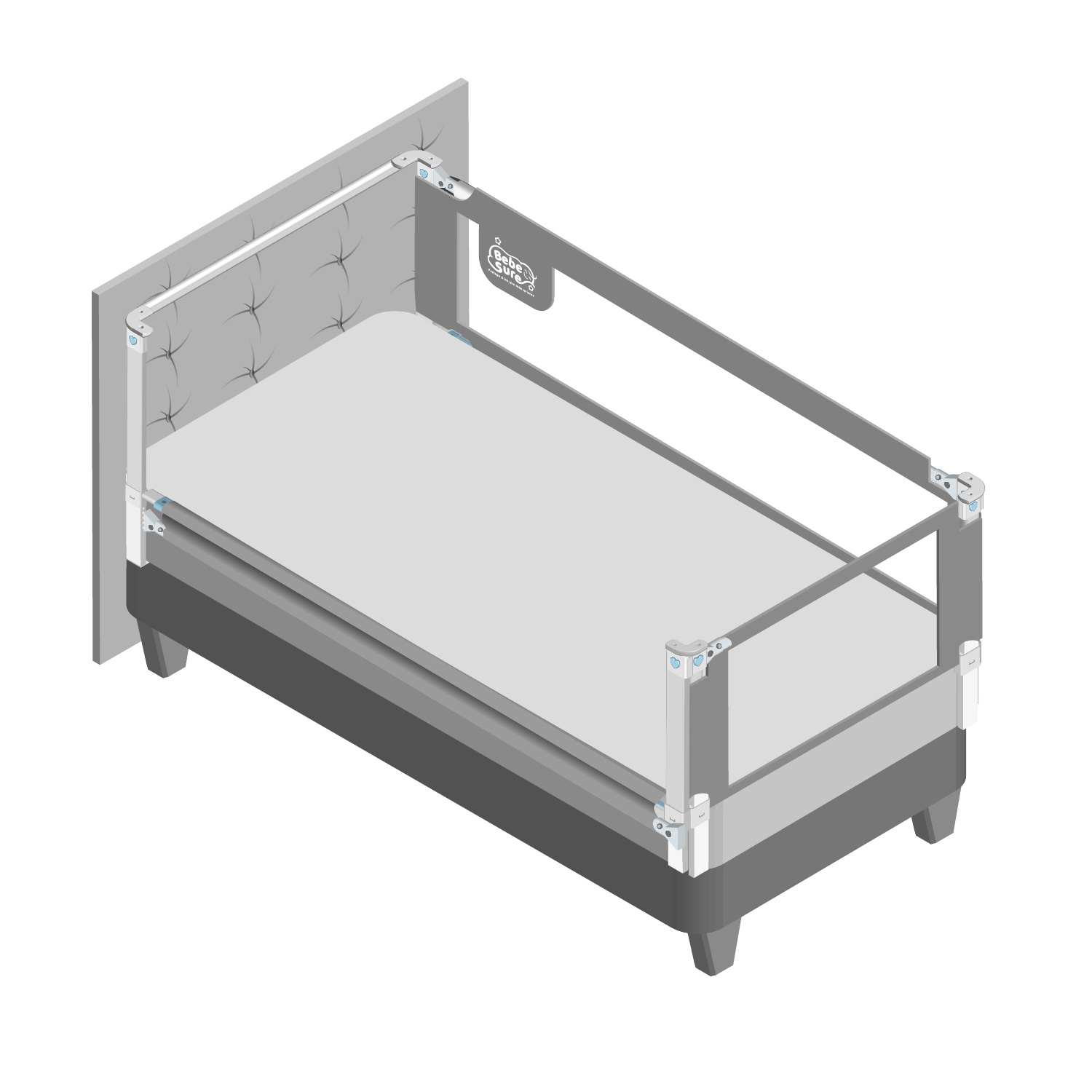 Set 3 barandas Gris Para cama 1 plaza y media 90x190x190 cm + soporte de cabecera Altura colchón hasta 38 cm - Imagen 2