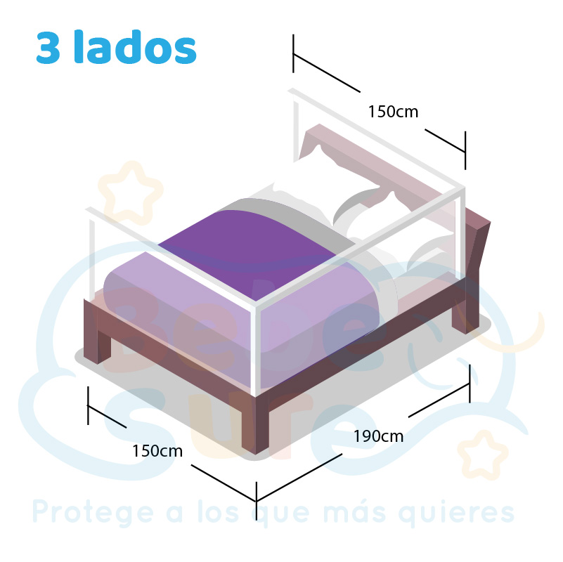 Set 3 barandas Gris para cama 2 plazas 150x190x150 cm + soporte lateral 190cm Altura colchón hasta 27 cm - Imagen 7